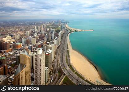 Aerial view of North Chicago and Lake Michigan, Illinois, USA