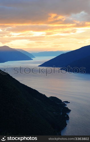 Aerial view of Norwegian fjords at sunset