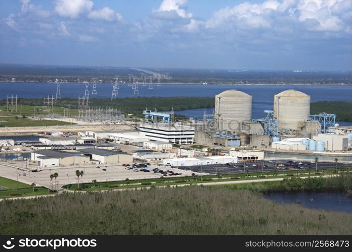 Aerial view of nuclear power plant on Hutchinson Island, Flordia.