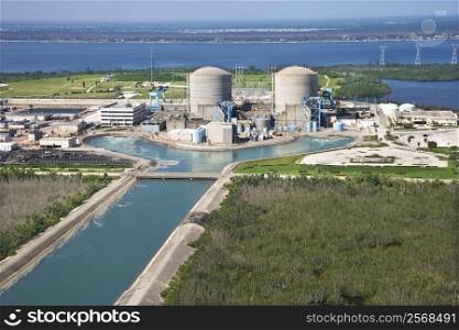 Aerial view of nuclear power plant on Hutchinson Island, Flordia.