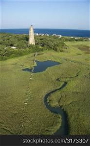Aerial view of Old Baldy lighthouse in marshy lowlands of Bald Head Island, North Carolina.