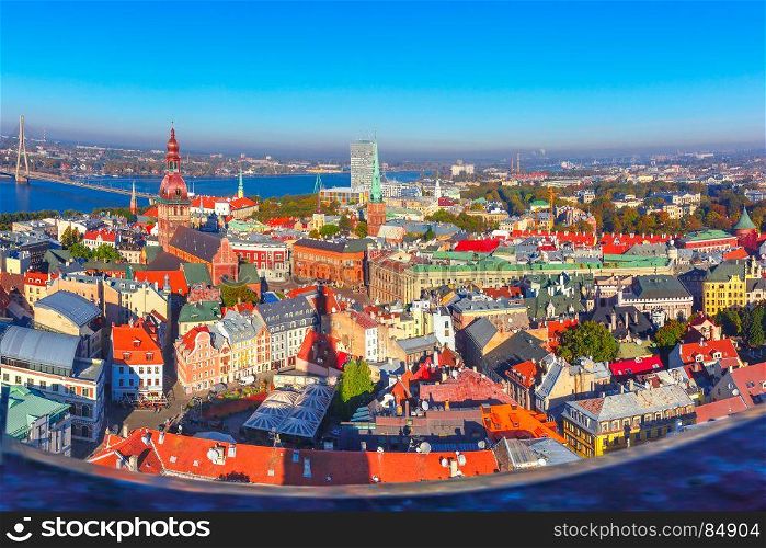 Aerial view of Old Town and Daugava, Riga, Latvia. Aerial scenic panorama of Old Town from Saint Peter church, with Riga Cathedral, Cathedral Basilica of Saint James and Riga castle, Riga, Latvia