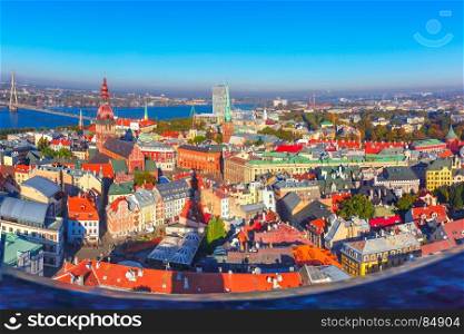 Aerial view of Old Town and Daugava, Riga, Latvia. Aerial scenic panorama of Old Town from Saint Peter church, with Riga Cathedral, Cathedral Basilica of Saint James and Riga castle, Riga, Latvia