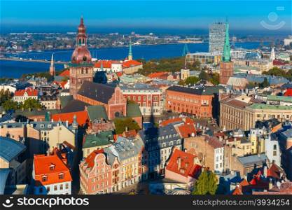 Aerial view of Old Town and River Daugava from Saint Peter church, with Riga Cathedral, Cathedral Basilica of Saint James and Riga castle, Riga, Latvia
