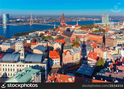 Aerial view of Old Town and River Daugava from Saint Peter church, with Riga Cathedral, Cathedral Basilica of Saint James and Riga castle, Riga, Latvia