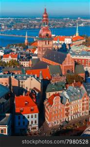 Aerial view of Old Town and River Daugava from Saint Peter church, with Riga Cathedral and Riga castle, Riga, Latvia