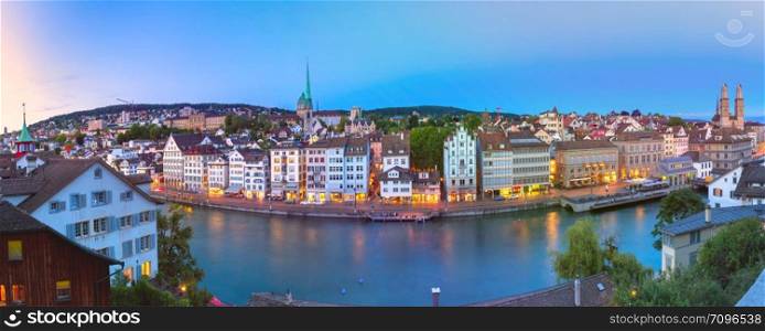 Aerial view of Old Town and river Limmat during morning blue hour in Zurich, the largest city in Switzerland. Zurich, the largest city in Switzerland