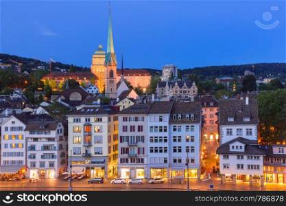 Aerial view of Old Town and river Limmat during morning blue hour in Old Town of Zurich, the largest city in Switzerland. Zurich, the largest city in Switzerland