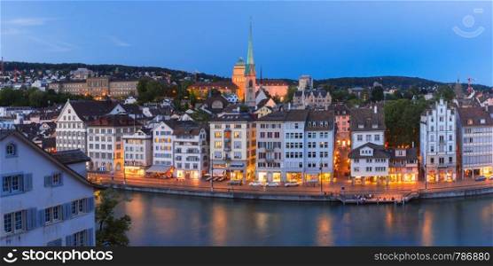 Aerial view of Old Town and river Limmat during morning blue hour in Old Town of Zurich, the largest city in Switzerland. Zurich, the largest city in Switzerland