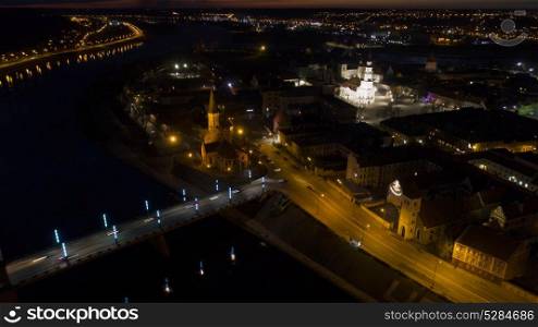 aerial view of old town at night. aerial view of old town of city at night