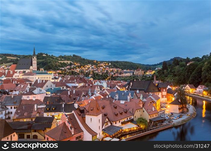 Aerial view of old Town of Cesky Krumlov, Czech Republic sunset