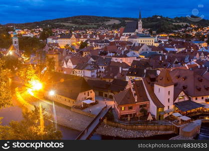 Aerial view of old Town of Cesky Krumlov, Czech Republic sunset