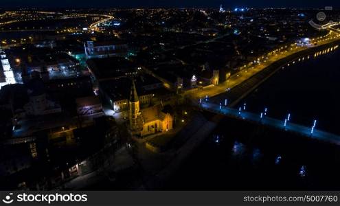 aerial view of old town of city at night. aerial view of old town at night