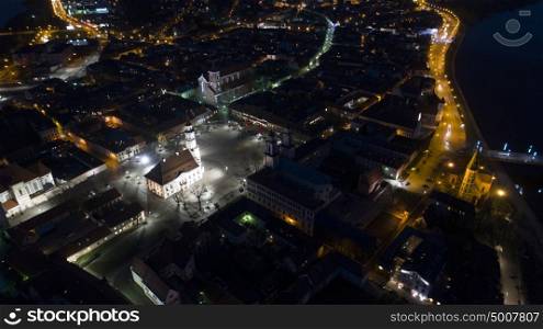 aerial view of old town of city at night. aerial view of old town at night