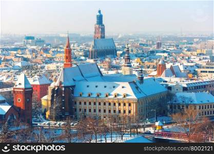 Aerial view of Old Town with St. Elizabeth&amp;#39;s Church from Cathedral of St. John in the winter morning in Wroclaw, Poland