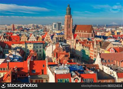 Aerial view of Old Town with St. Elizabeth&amp;#39;s Church from St. Mary Magdalene Church in the morning in Wroclaw, Poland