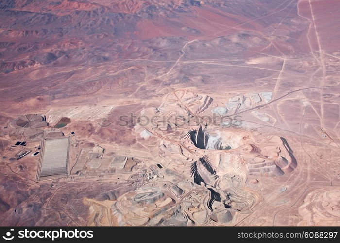 aerial view of open-pit copper mine in Atacama desert, Chile