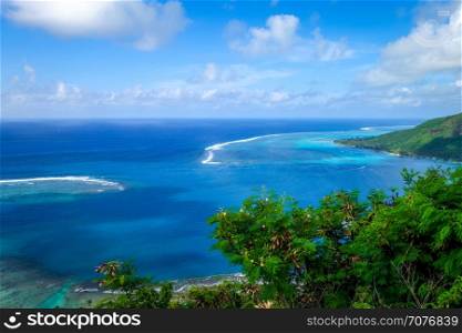 Aerial view of Opunohu Bay and lagoon in Moorea Island. French Polynesia. Aerial view of Opunohu Bay and lagoon in Moorea Island