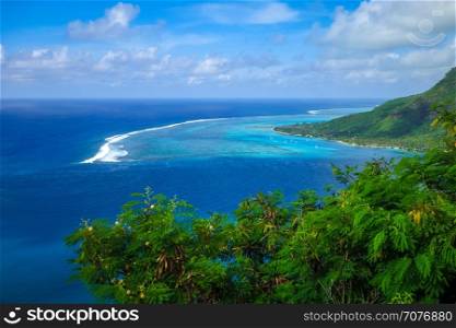 Aerial view of Opunohu Bay and lagoon in Moorea Island. French Polynesia. Aerial view of Opunohu Bay and lagoon in Moorea Island
