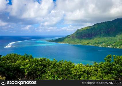 Aerial view of Opunohu Bay and lagoon in Moorea Island. French Polynesia