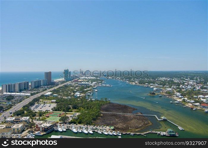 Aerial view of Orange Beach, Alabama in March of 2023. Orange Beach, Alabama