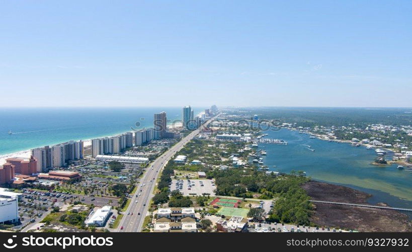 Aerial view of Orange Beach, Alabama in March of 2023. Orange Beach, Alabama