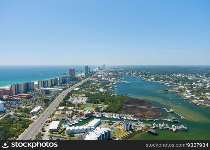 Aerial view of Orange Beach, Alabama in March of 2023. Orange Beach, Alabama