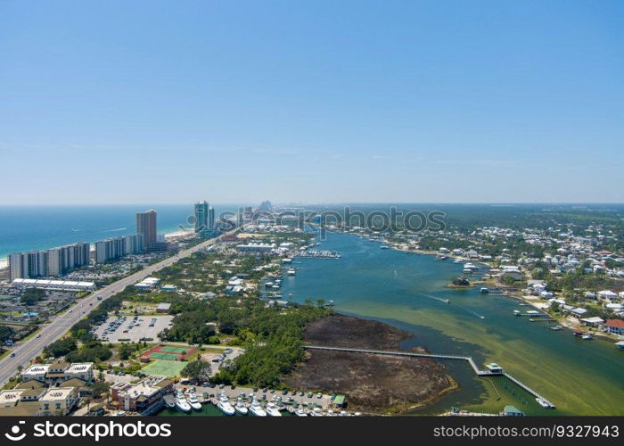 Aerial view of Orange Beach, Alabama in March of 2023. Orange Beach, Alabama