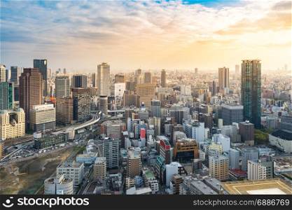 aerial view of osaka skyline cityscape at sunset, Japan