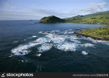 Aerial view of Pacific ocean on rocky Maui, Hawaii coast.