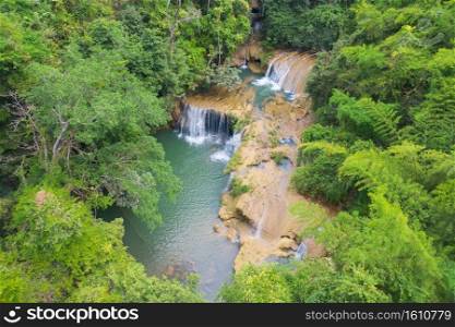 Aerial view of Palata Waterfall. Nature landscape of Tak in natural park with forest trees in travel trip on holiday and vacation, tourist attraction. Umphang, Thailand.