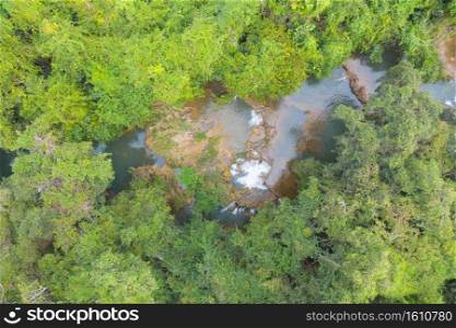 Aerial view of Palata Waterfall. Nature landscape of Tak in natural park with forest trees in travel trip on holiday and vacation, tourist attraction. Umphang, Thailand.
