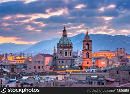 Aerial view of Palermo with Church of Saint Mary of Gesu at sunset, Sicily, Italy. Palermo at sunset, Sicily, Italy