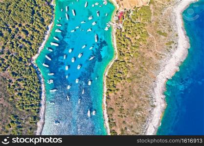 Aerial view of Palmizana, sailing cove and turquoise beach on Pakleni Otoci islands, archipelago of Hvar in Croatia