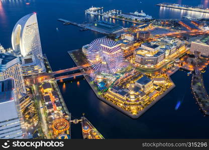 Aerial view of panoramic modern city in Yokohama City Japan with blue hour after sunset in th evening. Yokohama is the second largest city in Japan by population.