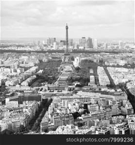 Aerial view of Paris, France. Black and white image.