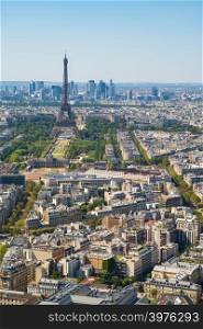 Aerial view of Paris skyline with Eiffel Tower, Les Invalides and business district of Defense, as seen from Montparnasse Tower, Paris, France