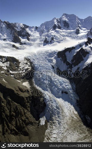 Aerial view of part of the Tasman Glacier in the Southern Alps on New Zealand&rsquo;s South Island. It is New Zealand&rsquo;s longest glacier.