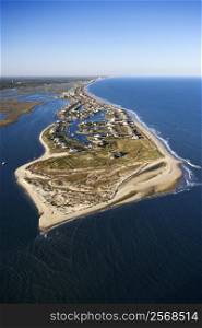 Aerial view of peninsula with beach and buildings in Murrells Inlet, South Carolina.