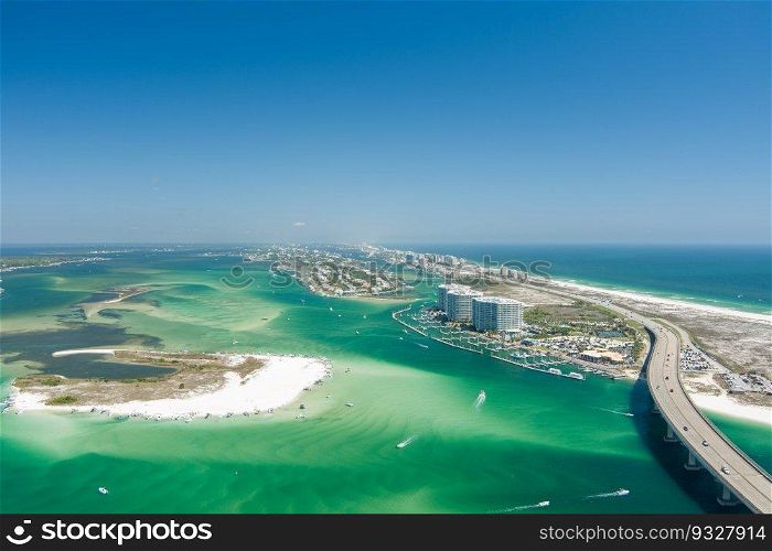 Aerial view of Perdido Pass and Robinson Island at Orange Beach, Alabama. Orange Beach, Alabama
