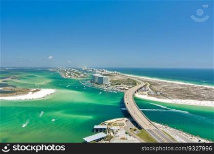 Aerial view of Perdido Pass and Robinson Island at Orange Beach, Alabama. Orange Beach, Alabama