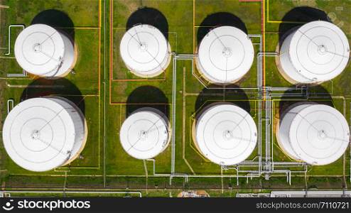 Aerial view of petrochemical industry storage tank, Industrial oil and gas tanks.