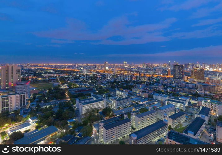 Aerial view of Phaya Thai district, Bangkok Downtown Skyline. Thailand. Financial district and business centers in smart urban city in Asia. Skyscraper and high-rise buildings at night.