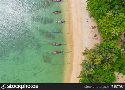 Aerial view of Phi Phi, Maya beach with blue turquoise seawater,
