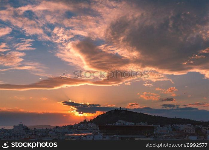 Aerial view of Philopappou and Koukaki at gorgeous sunset in Athens, Greece. Philopappou and Koukaki in Athens, Greece