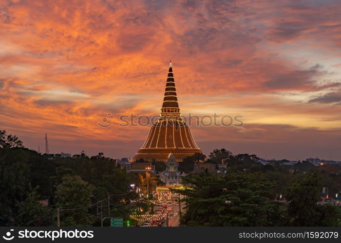 Aerial view of Phra Pathom Chedi stupa temple in Nakhon Pathom near Bangkok City, Thailand. Tourist attraction. Thai landmark architecture. Golden pagoda at sunset.