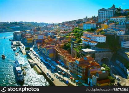 Aerial view of Porto Old Town in the sunshine day. Portugal