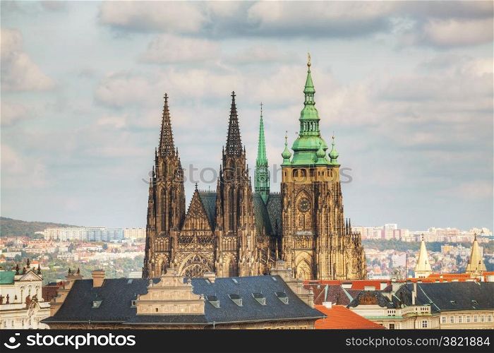 Aerial view of Prague with St. Vitus Cathedral as seen from Petrin hill