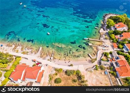 Aerial view of Prizba beach on island Korcula, archipelago of southern Dalmatia, Croatia