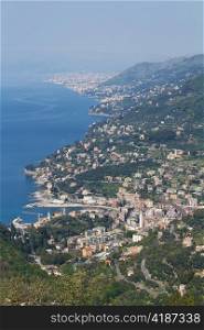 aerial view of Recco, small town in mediterranean sea, Italy